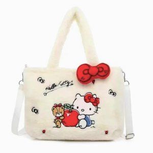 Hello Kitty Embroidered Plush Purse Sanrio Fur Fuzzy Crossbody Bag Kawaii Bow